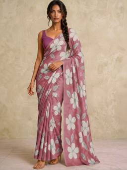 SATRANI - Dusty Mauve Floral Printed Chiffon Saree