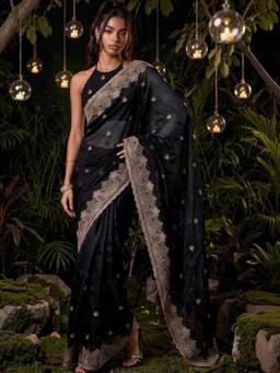 SATRANI - Black Embroidery Scalloped Border Shimmer Chiffon Saree