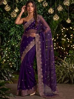 SATRANI - Purple Embroidery Scalloped Border Shimmer Chiffon Saree