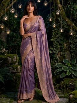 SATRANI - Purple Embroidery Scalloped Border Shimmer Chiffon Saree