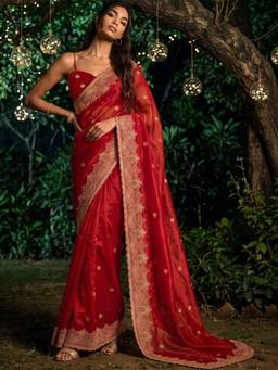 SATRANI - Red Embroidery Scalloped Border Shimmer Chiffon Saree