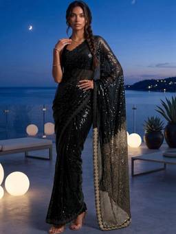 SATRANI - Black Sequins Work Lace Georgette Saree