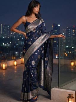 SATRANI - Navy Blue Weaving Tassels Silk Saree