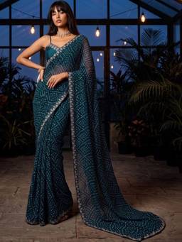 SATRANI - Rama Blue Bandhani Printed Chiffon Saree