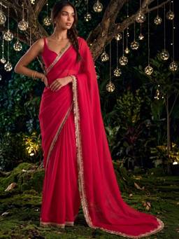 SATRANI - Red Lace Shimmer Chiffon Saree