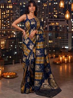 SATRANI - Navy Blue Weaving Silk Saree