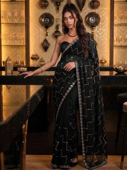 SATRANI - Black Sequin Work Hand Work Lace Tissue Silk Saree