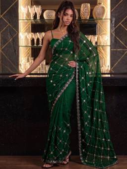 SATRANI - Green Sequin Work Hand Work Lace Tissue Silk Saree