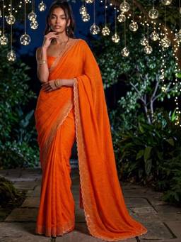 SATRANI - Orange Stone Work Scalloped Border Shimmer Chiffon Saree
