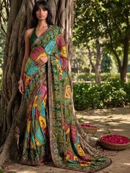 SATRANI - Dark Green Bandhani Printed Lace Georgette Saree
