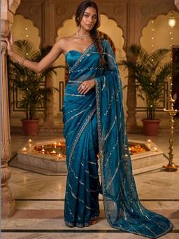 SATRANI - Rama Blue Sequin Work Hand Work Lace Tissue Silk Saree
