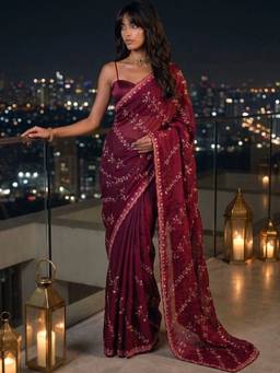 SATRANI - Maroon Sequin Work Hand Work Lace Tissue Silk Saree