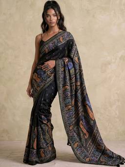SATRANI - Dark Green Printed Zari Border Tassels Silk Saree