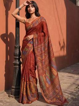 SATRANI - Rust Printed Zari Border Tassels Silk Saree