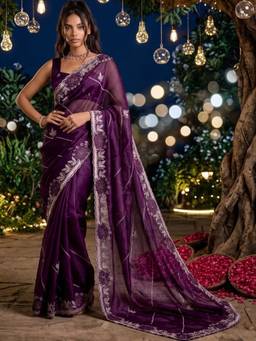 SATRANI - Purpleembroidery Scalloped Border Chiffon Saree