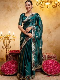 SATRANI - Rama Green Embroidery Scalloped Border Shimmer Chiffon Saree