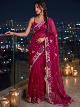 SATRANI - Magenta Embroidery Scalloped Border Shimmer Chiffon Saree