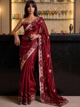 SATRANI - Maroon Embroidery Scalloped Border Shimmer Chiffon Saree
