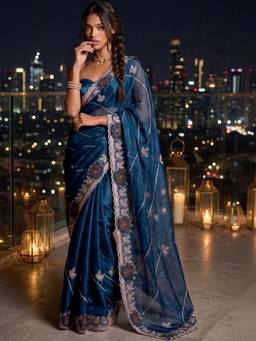 SATRANI - Purple Embroidery Scalloped Border Shimmer Chiffon Saree