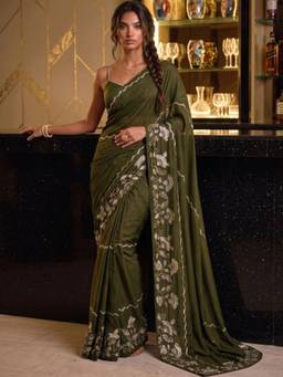 SATRANI - Mehndi Green Embroidery Hand Work Shimmer Georgette Saree