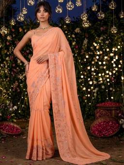 SATRANI - Peach Embroidery Hand Work Shimmer Georgette Saree
