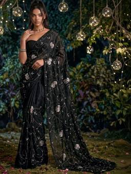 SATRANI - Black Sequins Work Hand Work Tissue Silk Saree
