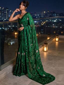SATRANI - Dark Green Sequins Work Hand Work Tissue Silk Saree