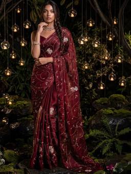 SATRANI - Maroon Sequins Work Tissue Silk Saree