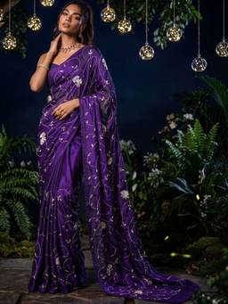 SATRANI - Purple Sequins Work Hand Work Tissue Silk Saree