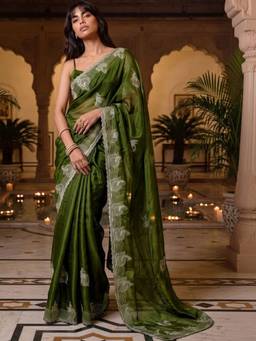 SATRANI - Mehndi Green Embroidery Scalloped Border Chiffon Saree
