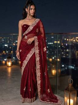 SATRANI - Maroon Embroidery Scalloped Border Shimmer Chiffon Saree