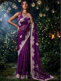 SATRANI - Purple Embroidery Scalloped Border Shimmer Chiffon Saree