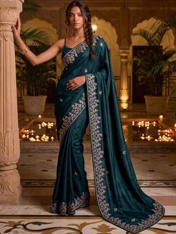 SATRANI - Rama Blue Embroidery Sequins Work Crepe Silk Saree