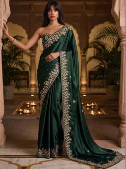SATRANI - Dark Green Embroidery Sequins Work Crepe Silk Saree