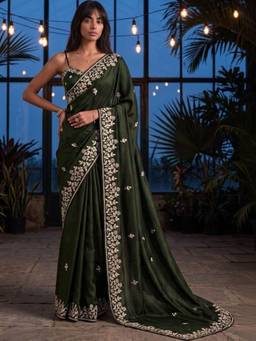 SATRANI - Dark Mehndi Green Embroidery Sequins Work Crepe Silk Saree