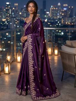 SATRANI - Dark Purple Embroidery Sequins Work Crepe Silk Saree