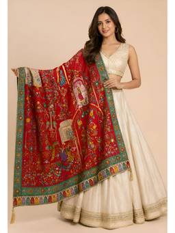MUFFLY - Red Heritage Woven Zari Embroidered Elephant Motif Dupatta