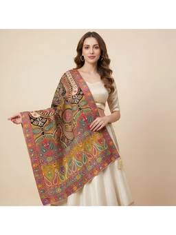 MUFFLY - Kalamkari Multi-Color Paisley Printed Chinon Pashmeena Foil Mirror Dupatta
