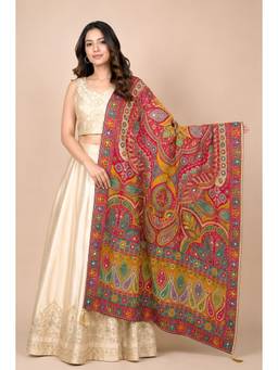 MUFFLY - Pink Kalamkari Paisley Printed Chinon Pashmeena Foil Mirror Dupatta