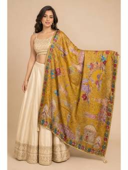 MUFFLY - Mustard Royal Heritage Pichwai Printed Chinon Pashmeena Dupatta
