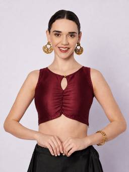 Studio Rasa - Maroon Silk Blend Solid Key-hole Readymade Blouse