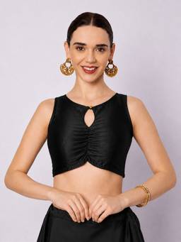 Studio Rasa - Black Silk Blend Solid Key-hole Readymade Blouse