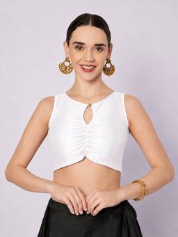 Studio Rasa - White Silk Blend Solid Key-hole Readymade Blouse