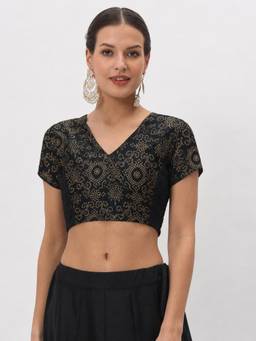 Studio Rasa - Black Silk Blend Printed Stretchable Readymade Blouse