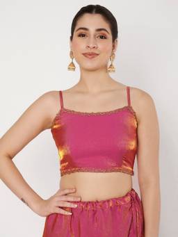 Studio Rasa - Pink Silk Blend Embellished Spaghetti Readymade Blouse