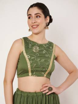 Studio Rasa - Green Georgette Panel Embroidered Readymade Blouse