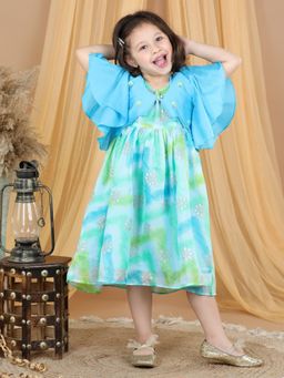 Kinder Kids - Blue Foil Printed Midi Dress Adjustable With Flare Sleeves Jacket (Set of 2)