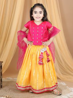 Kinder Kids - Pink Embroidered Top With Yellow Gold Printed Lehenga & Dupatta (Set of 3)