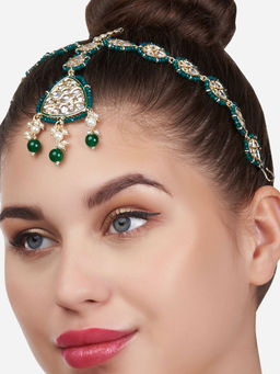 Zaveri Pearls - Green Beaded Dazzling Kundan & Pearls Bridal Matha Patti Style Maangtikka