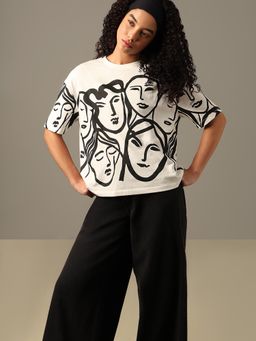 VERO MODA - Monochrome Graphic Printed Drop Sleeves Cotton T-Shirt